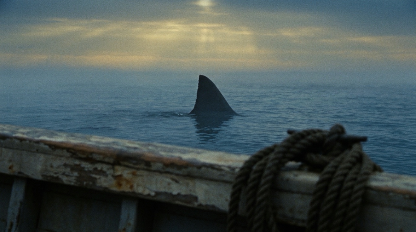 Aileron de requin fendant la surface, vu depuis un vieux bateau de peche a l aube