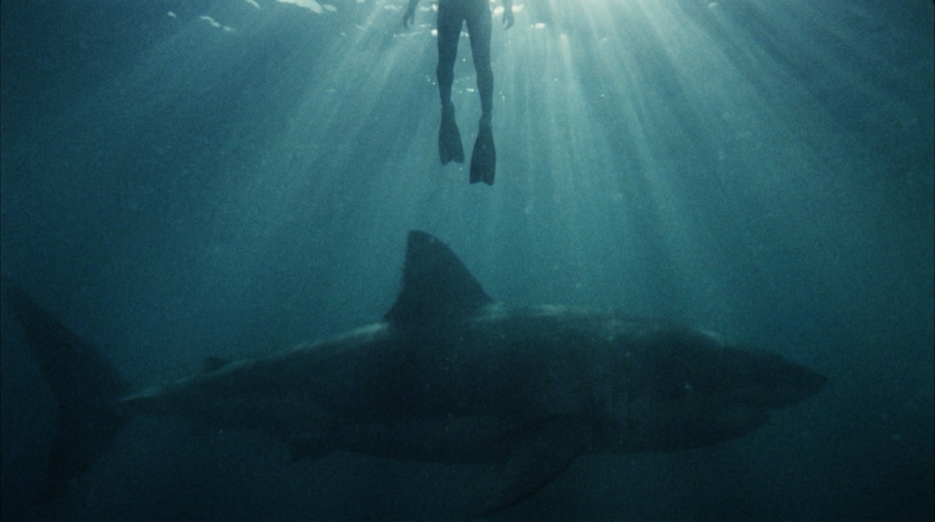 La silhouette du requin remonte vers un nageur en surface, vue sous-marine