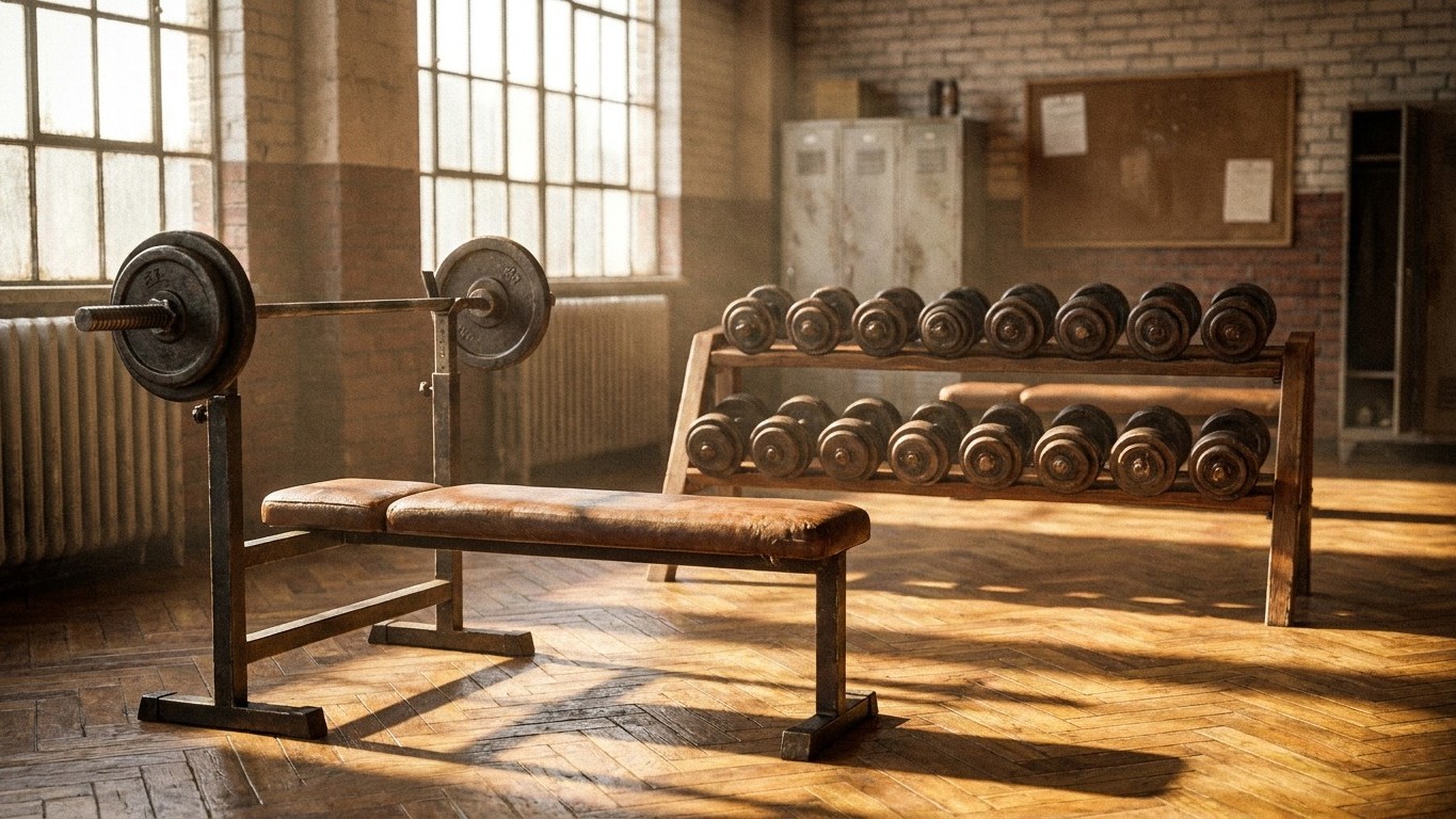 Ancienne salle de musculation avec halteres et banc, ambiance annees 1970